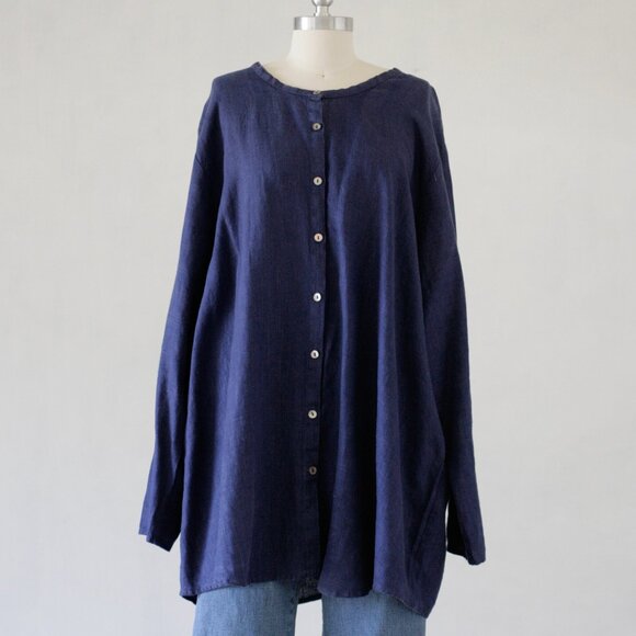 F L A X   Vintage Royal Blue Linen Tunic Button Up Shirt/3X - Picture 2 of 5